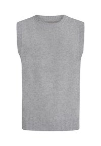 Harmaa ilmanhiha sweater, jossa on pyöreä pääntie, ribbireunus ja sivusaumat. Valmistettu pehmeästä, rakenteellisesta kankaasta.