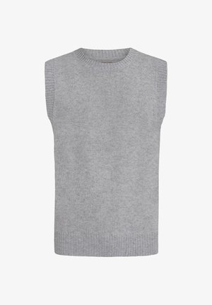 Grauer ärmelloser Pullover mit Rundhalsausschnitt, geripptem Saum und Seitennähten. Hergestellt aus weichem, strukturiertem Stoff.
