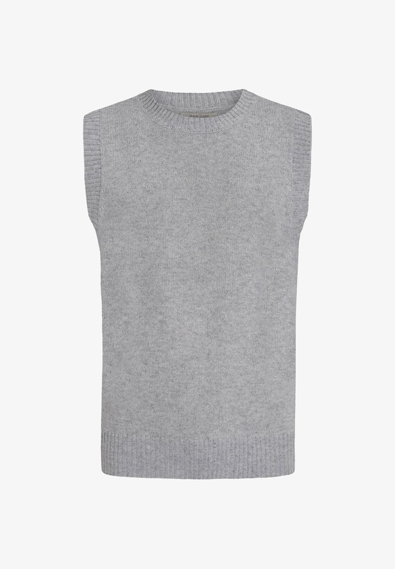 Pull gris sans manches avec un col rond, un ourlet côtelé et des coutures latérales. Fabriqué en tissu doux et texturé.