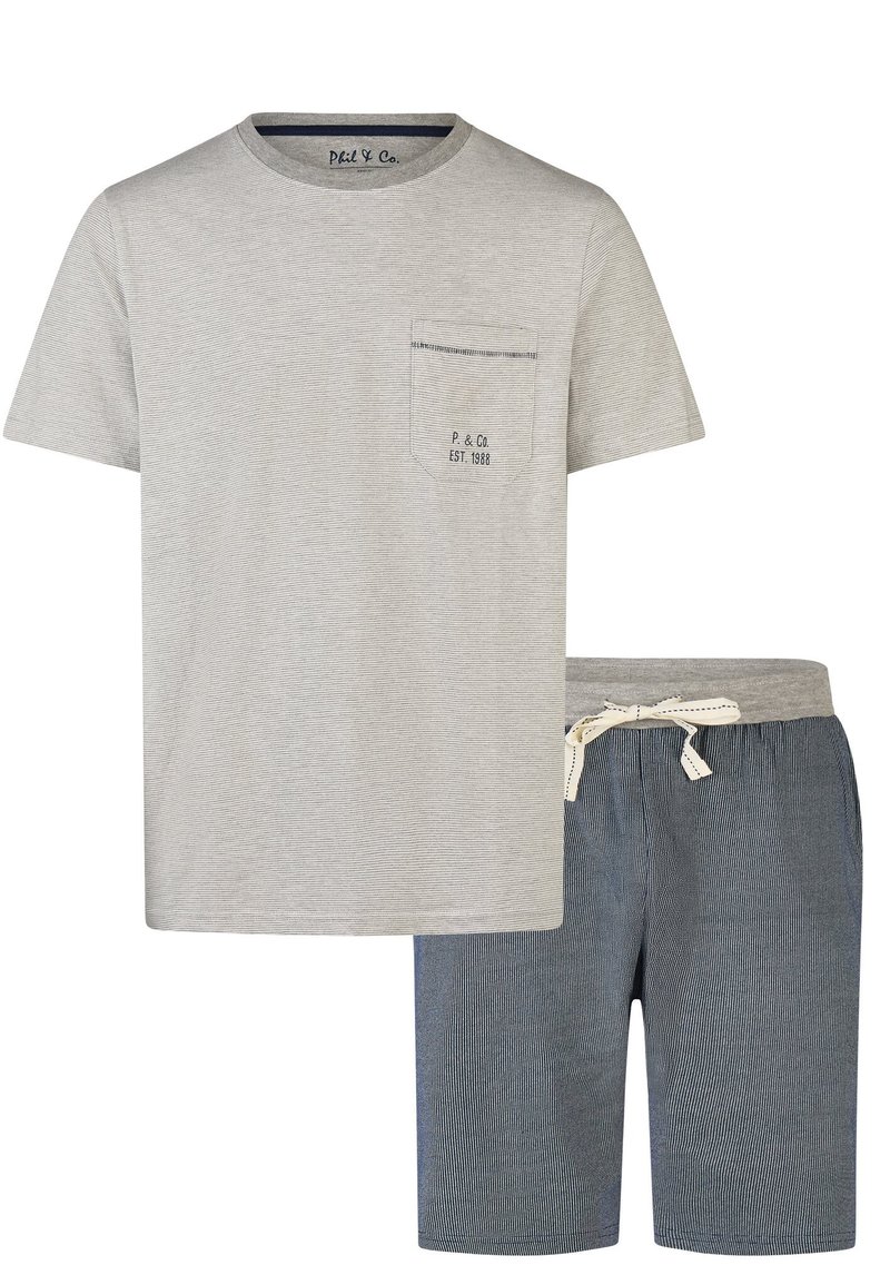 Grårandig T-shirt med ficka och marinblå bokstäver, parat med marinblå och vitrandiga shorts med elastisk midja och dragsnodd.