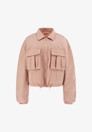 Geknipt roze jack van lichtgewicht stof, met een ritssluiting aan de voorkant, twee grote flapzakken en een elastische zoom met trekkoorddetail.