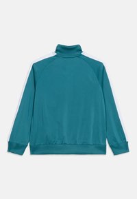 Τζελ παλτό με μακριά μανίκια σε μπλε-πράσινο χρώμα, με λευκές ρίγες που τρέχουν από τους ώμους έως τις μανσέτες, ριμπ μανσέτες και τελείωμα, και έναν ρολλέ επάνω γιακά.