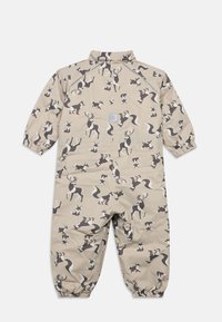 Μπεζ ολόσωμη φόρμα με σχέδια ζώων σε γκρι και καφέ τόνους. Διαθέτει μακριά μανίκια, ελαστικές μανσέτες και ύψος γιακά.