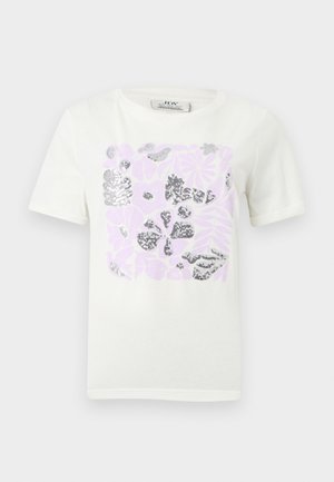 White short-sleeve t-shirt with a square design of light pink and metallic silver abstract floral shapes on the front.
