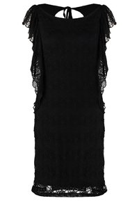 Robe noire en dentelle longueur genou avec manches papillon et fermeture par lien au dos du col.