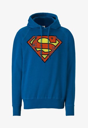 Blauer Hoodie mit langen Ärmeln und Kordelzug. Auf der Vorderseite befindet sich ein großes, verwaschenes rotes und gelbes Superman-Logo.