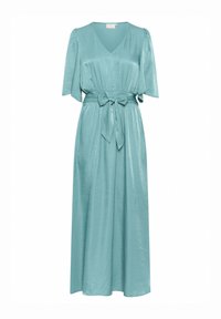 Long, light teal dress with short flutter sleeves, V-neck, cinched waist with a tied belt, and a flowing skirt. Smooth, soft texture.