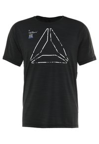 Black athletic t-shirt with short sleeves, featuring a white triangular graphic print on the front and a textured, moisture-wicking fabric.