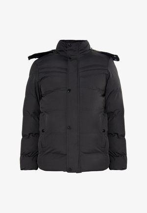 Fekete steppelt dzseki magas gallérral, patentgombokkal és oldalzsebekkel. Steppelt részekkel rendelkezik a szigetelés érdekében és sima textúrájú.