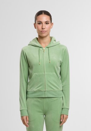 Groene velours zip-up hoodie met een voorzak, verstelbare trekkoorden en gouden hardware. Zachte textuur met geborduurde logo-details.