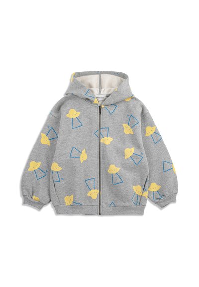 Sweat à capuche gris zippé avec une tête d'alien jaune et des motifs triangulaires bleus, poignets élastiques et capuche, conçu pour les enfants.