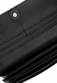 Black textured leather wallet with multiple compartments, button closure, and a zippered section. Interior features card slots and a smooth lining.