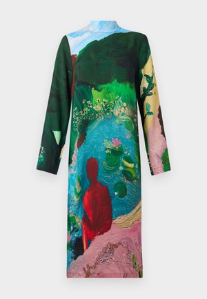 Long-sleeve dress featuring a vibrant painted design with green landscapes, a blue water scene, and a red figure, made from lightweight fabric.
