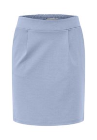 Ljusblå figurnära kjol med elastiskt midjeband, som har två framtill placerade veck och en slät textur. Enkel och odekorerad design.