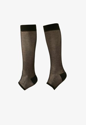 Zwarte kniehoge sokken van doorschijnend materiaal, met een effen zwarte band bovenaan en verstevigde tenen voor extra duurzaamheid.