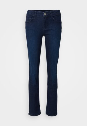 Tumed sinise denimist teksad sirge jalaga disainiga, millel on ees- ja taga-taskud, nööp sulgemine ning sile tekstuur.