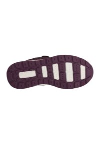 Shoe sole with a purple rubber base and white traction pads, featuring a zigzag logo and textured surface for grip.