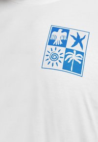 Graphique bleue sur tissu blanc montrant un motif à quatre panneaux avec un aigle, une étoile de mer, une spirale solaire et un palmier.