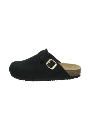 Schwarzer Slip-on-Clog mit geschlossenem Zehenbereich, verstellbarem Riemen mit goldfarbener Schnalle, Korkfußbett und Gummisohle.