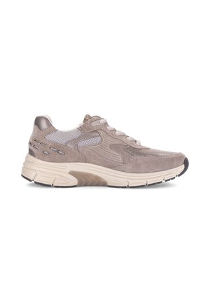 Beige and taupe athletic shoe with mesh and suede upper, thick cushioned sole, and lace-up closure, shown in side profile on white background.