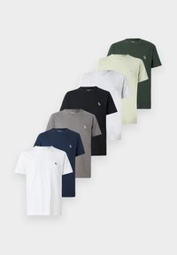 Seven short-sleeve t-shirts in varied colors: white, navy, gray, black, light green, dark green. Each features a small logo on the chest.