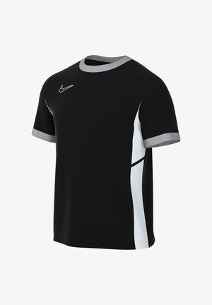 Maglietta sportiva nera a maniche corte con colletto e bordi delle maniche grigi, pannelli laterali in rete bianca e piccolo logo Nike bianco sul petto.