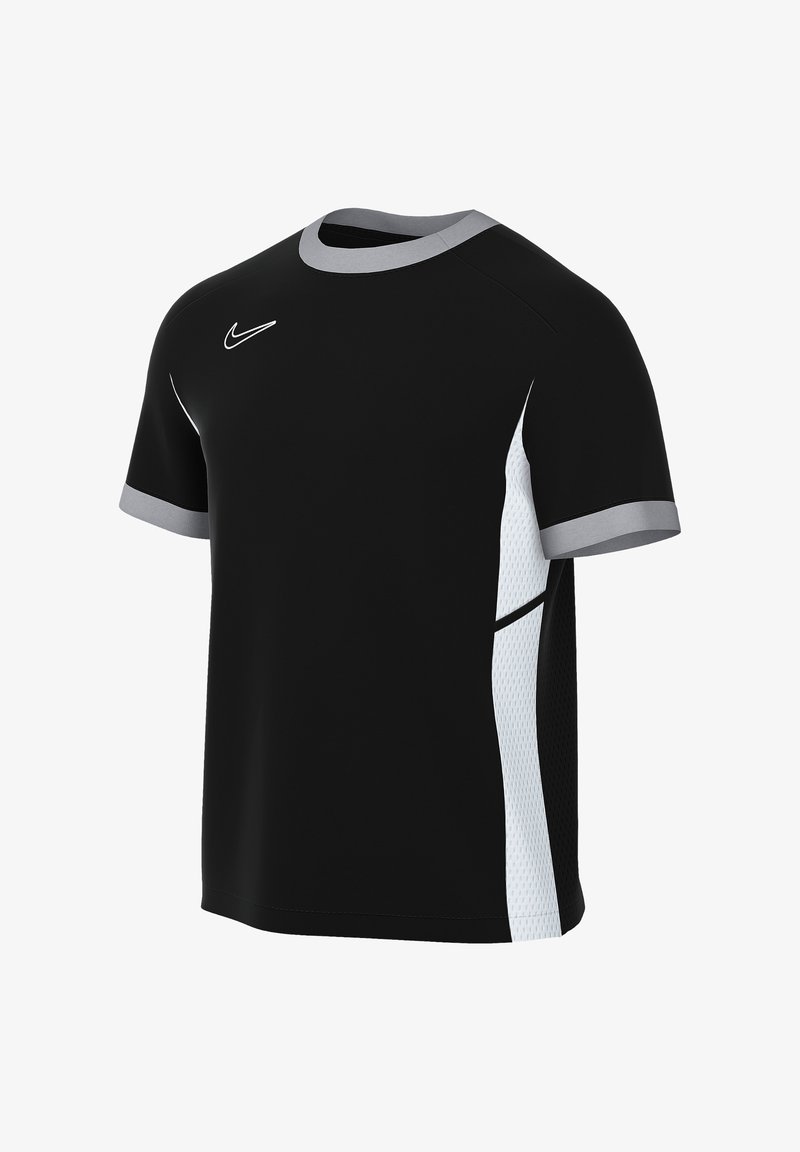 T-shirt de sport noir à manches courtes avec col et bordures de manches gris, panneaux latéraux en mesh blanc, et petit logo Nike blanc sur la poitrine.