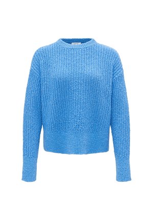 Lichtblauwe gebreide trui, met een ronde hals, lange mouwen en een textuurpatroon. Verkorte pasvorm met geribbelde manchetten en zoom.