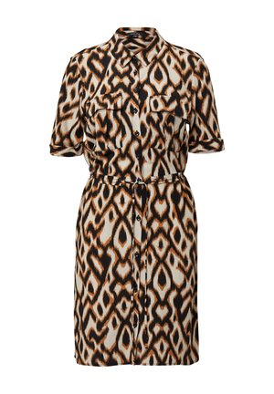 Krótki rękaw, zapinana sukienka w kremowy, czarny i pomarańczowy wzór ikat. Wyposażona w dwie kieszenie na piersi oraz pasek w talii do regulacji dopasowania.