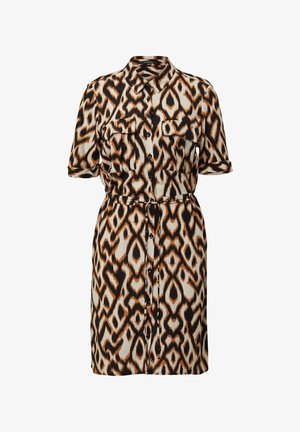 Krótki rękaw, zapinana sukienka w kremowy, czarny i pomarańczowy wzór ikat. Wyposażona w dwie kieszenie na piersi oraz pasek w talii do regulacji dopasowania.