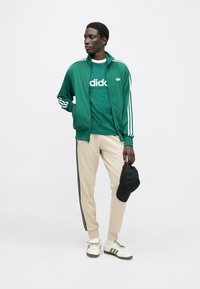 Grønn glidelåsjakke med hvite striper, matchende grønn t-skjorte, beige bukser med svarte sidestriper, og hvite joggesko holder en svart caps.