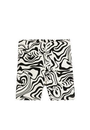 Svarte og hvite abstrakte swirl-mønstrede shorts lavet af ribbet stof. Har en elastisk talje og en tætsiddende pasform.