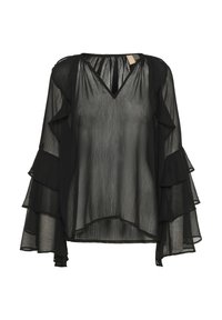 Blusa nera trasparente con maniche lunghe a strati e volant e scollatura a V. Tessuto leggero con una silhouette fluida e un orlo leggermente curvo.