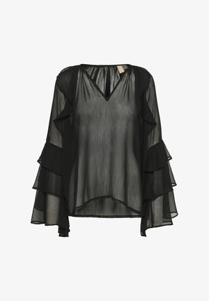 Prozirna crna bluzica s dugim, slojevitim volanima i V-izrezom. Lagana tkanina s lepršavim siluetom i blago zakrivljenim rubom.