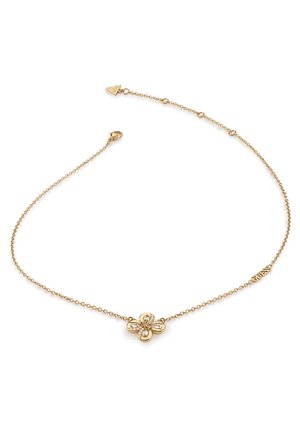Delicate gouden ketting met een kleine bloemvormige hanger, versierd met heldere stenen, en een karabijnsluiting.