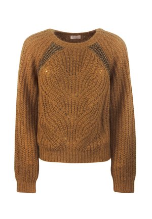 Maglione marrone a maglia con un motivo testurizzato, dotato di maniche raglan e accenti a punto aperto sulle spalle. Girocollo e polsini a coste.