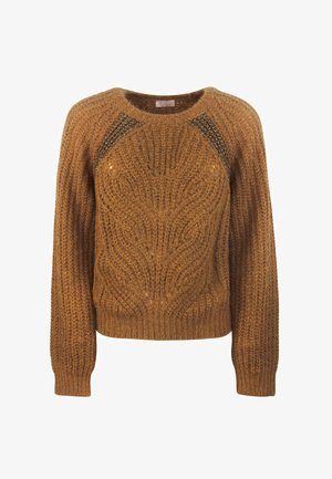 Maglione marrone a maglia con un motivo testurizzato, dotato di maniche raglan e accenti a punto aperto sulle spalle. Girocollo e polsini a coste.