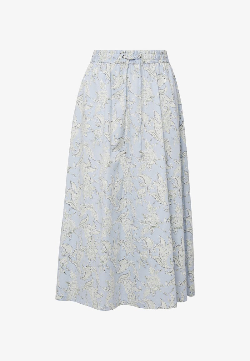 Light blue midi skirt with white floral lace pattern, elastic waistband, and adjustable drawstring closure.