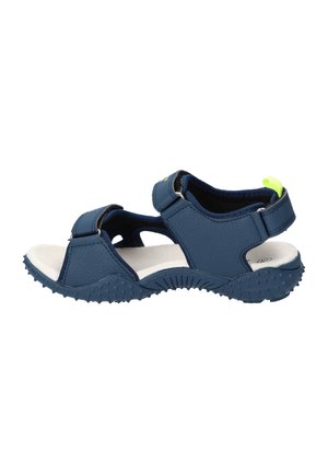 Granatowy sandał z odkrytymi palcami, regulowanymi paskami, teksturowaną podeszwą zapewniającą przyczepność oraz wyściełaną białą wkładką z neonowożółtą pętelką.