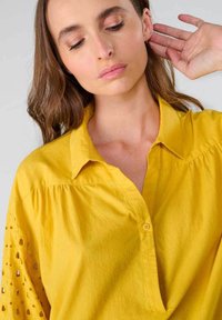 Blusa gialla con colletto a punta e maniche arricciate, caratterizzata da un motivo a intaglio. Tessuto morbido con una vestibilità comoda.
