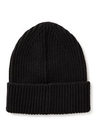 Gorro de punto negro con textura acanalada y puño vuelto, hecho de hilo grueso para brindar calor y comodidad.