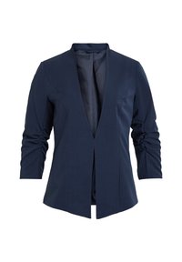 Blazer bleu marine avec un col cranté, une ouverture frontale et des manches trois-quarts froncées ; le tissu semble lisse sans fermetures visibles.