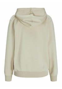 Haut à capuche en coton beige avec un cordon de serrage, des poignets et un ourlet côtelés. Texture lisse, style pull-over, sans logos ni embellissements visibles.