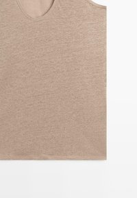 Beige sleeveless tank top with rounded neckline, made of soft, heathered fabric, shown flat on a white background.