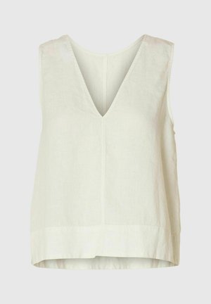 Helles beige ärmelloses Top aus Leinenstoff mit einem tiefen V-Ausschnitt. Es hat einen leicht abgerundeten Saum und minimale Nähdetails.