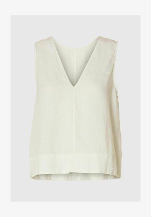 Ljusbeige ärmlös topp i linne med djup V-ringning. Den har en något rundad nederkant och minimala sömnadsdetaljer.