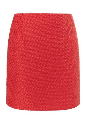 Red fitted skirt made from textured fabric with a diamond pattern. It features a straight hem and a smooth waistband.