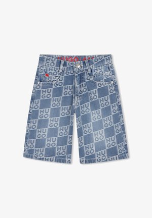 Short en jean avec un motif à carreaux arborant le mot "HUGO" répété partout, fermeture par boutons et poches avant.