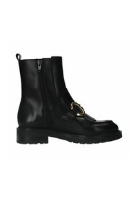 Bottine en cuir noir avec une fermeture éclair latérale, des accessoires en métal doré décoratifs, une sangle texturée et un talon épais. Fini lisse avec un design structuré.