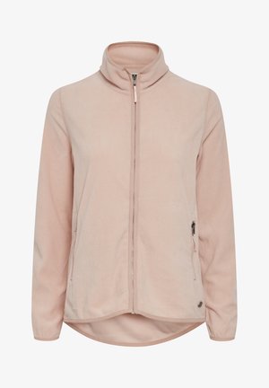 Light pink fleece jacket with a high collar, full front zipper, and two side pockets. Smooth texture with a rounded hem and contrasting hardware.